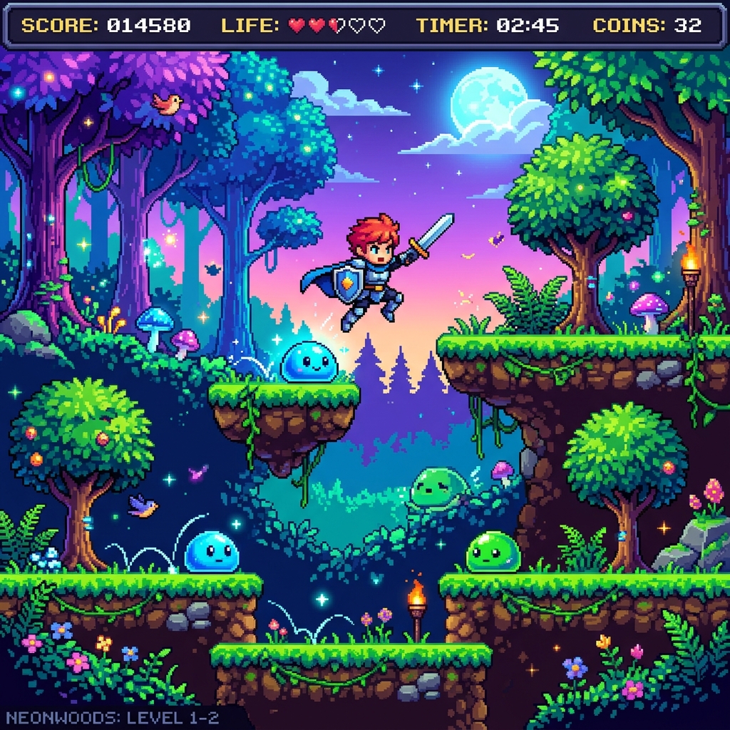 Moonlit pixel art game scene from Pixomundo community examples