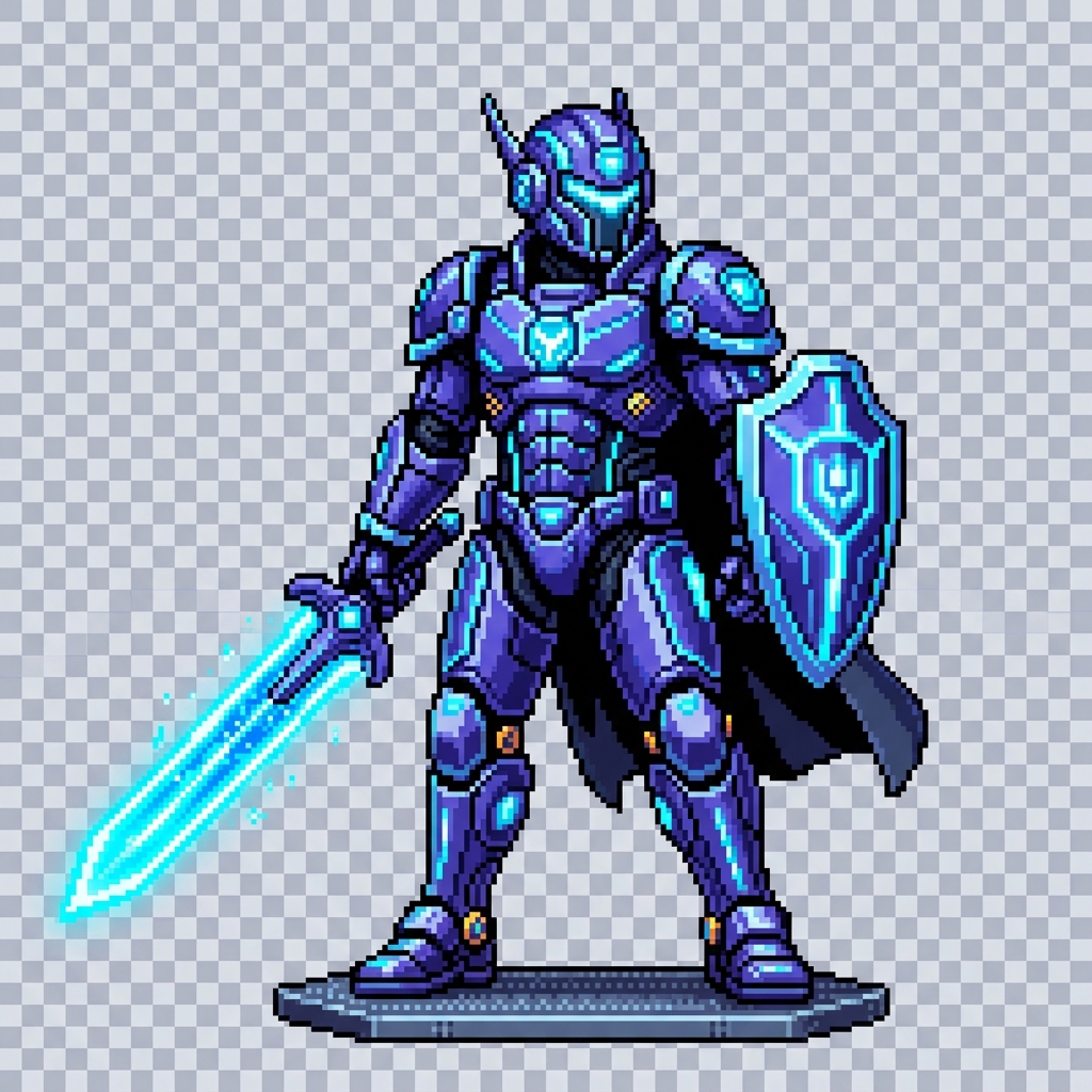 Pixel art cyber knight generated in Pixomundo